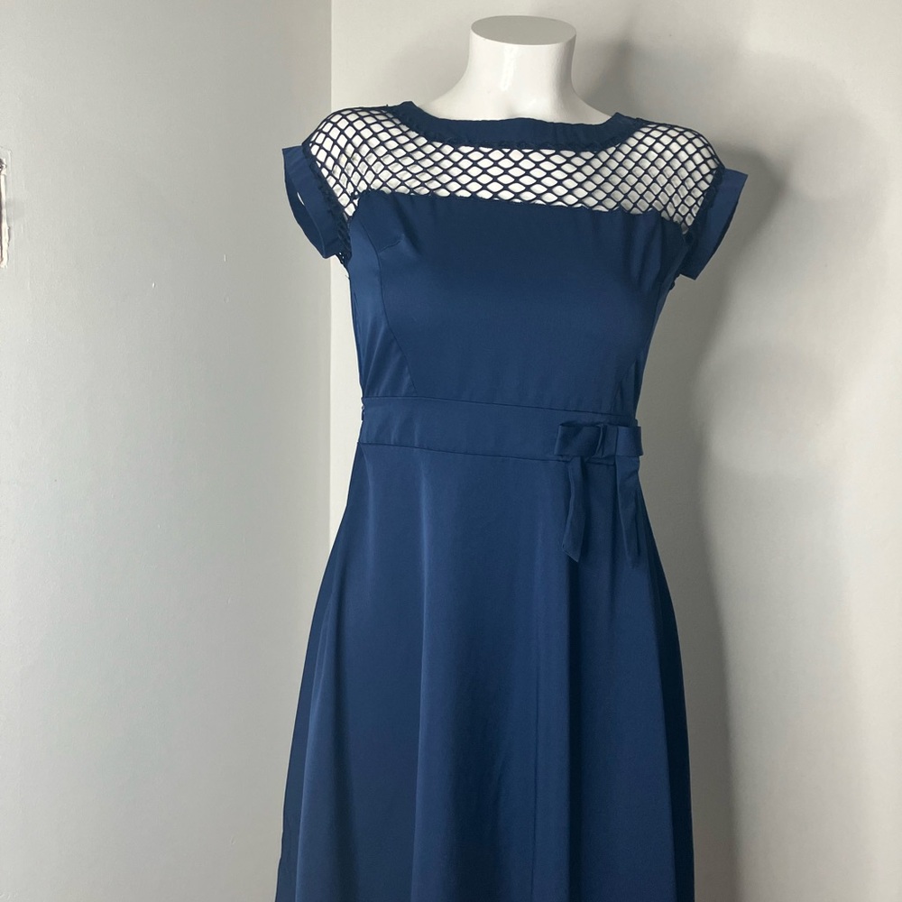 Chic Navy Blue Dress with Mesh Detail